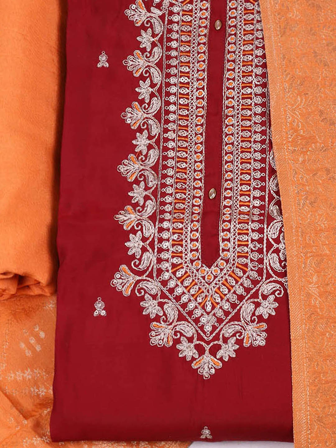 Embroidered Chanderi Unstitched Suit With Pant &amp; Dupatta