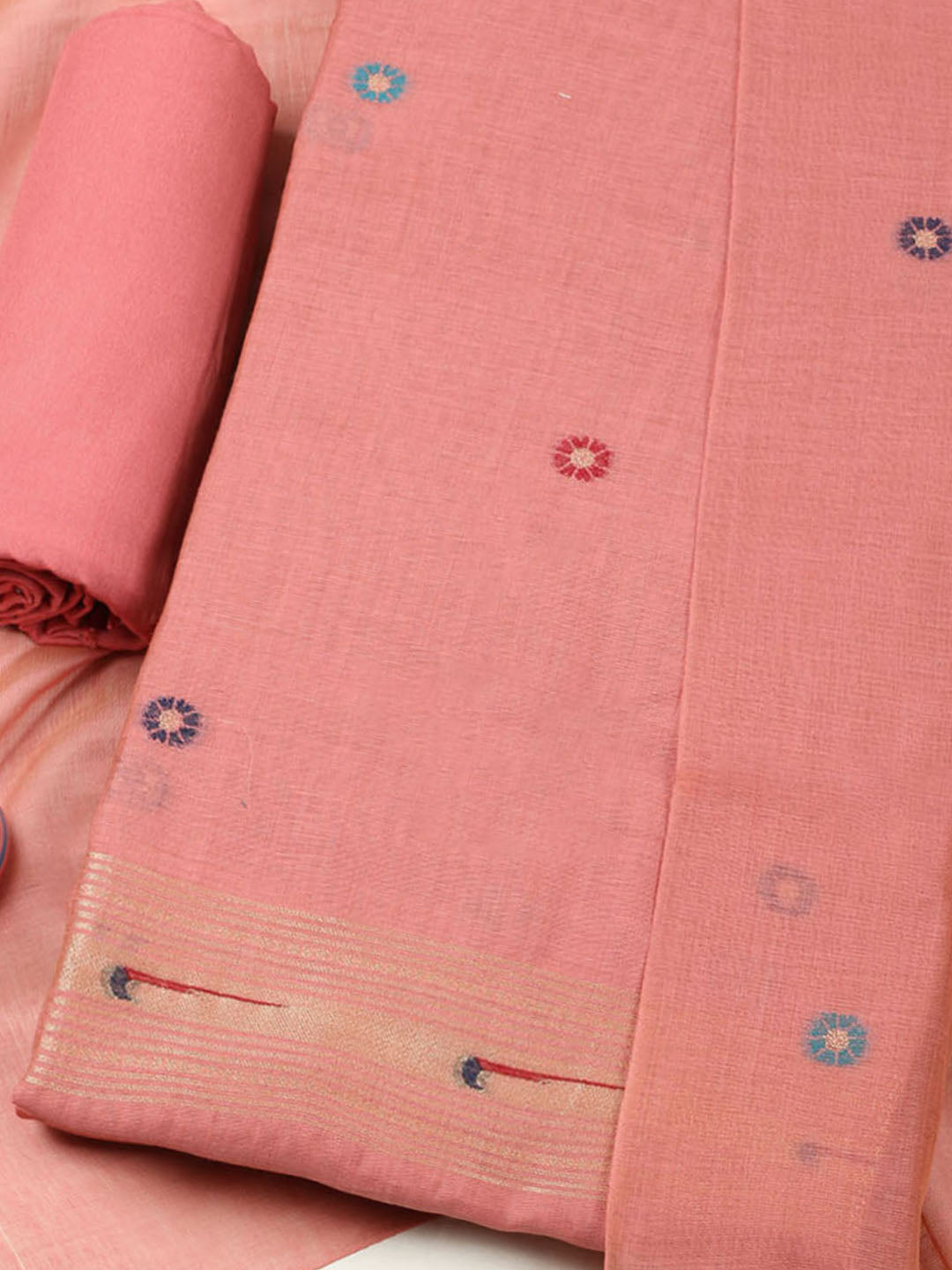 Embroidered Chanderi Unstitched Suit With Pant &amp; Dupatta