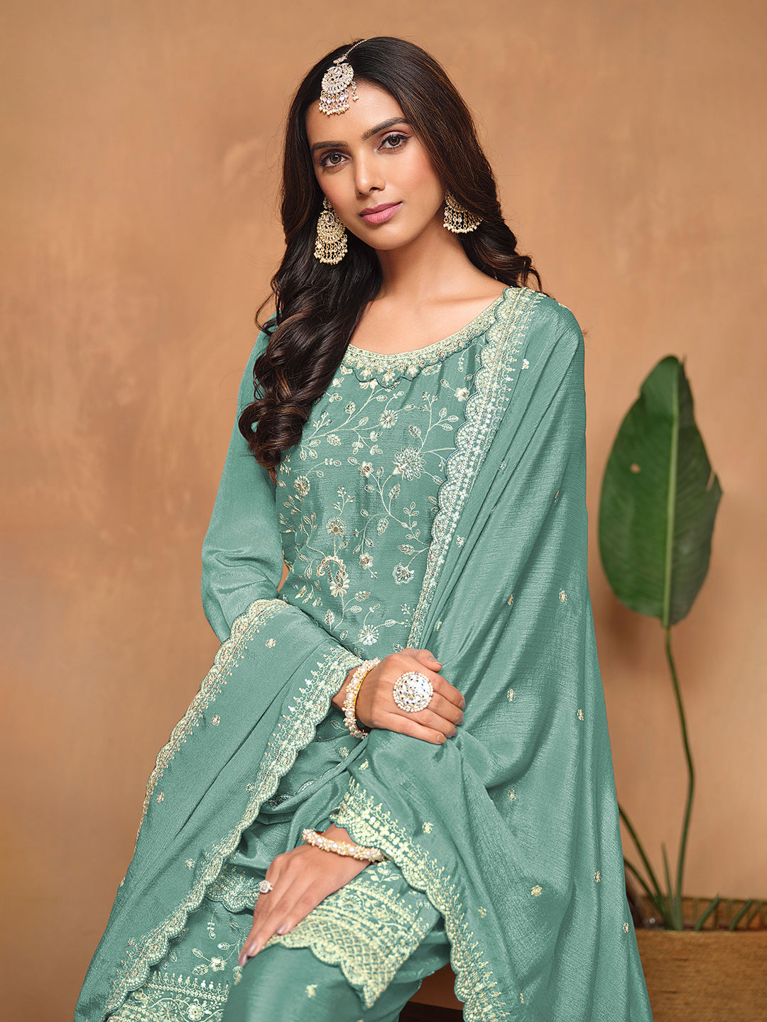 Embroidered Chinnon Semi Stitched Kurta With Plazzo &amp; Dupatta