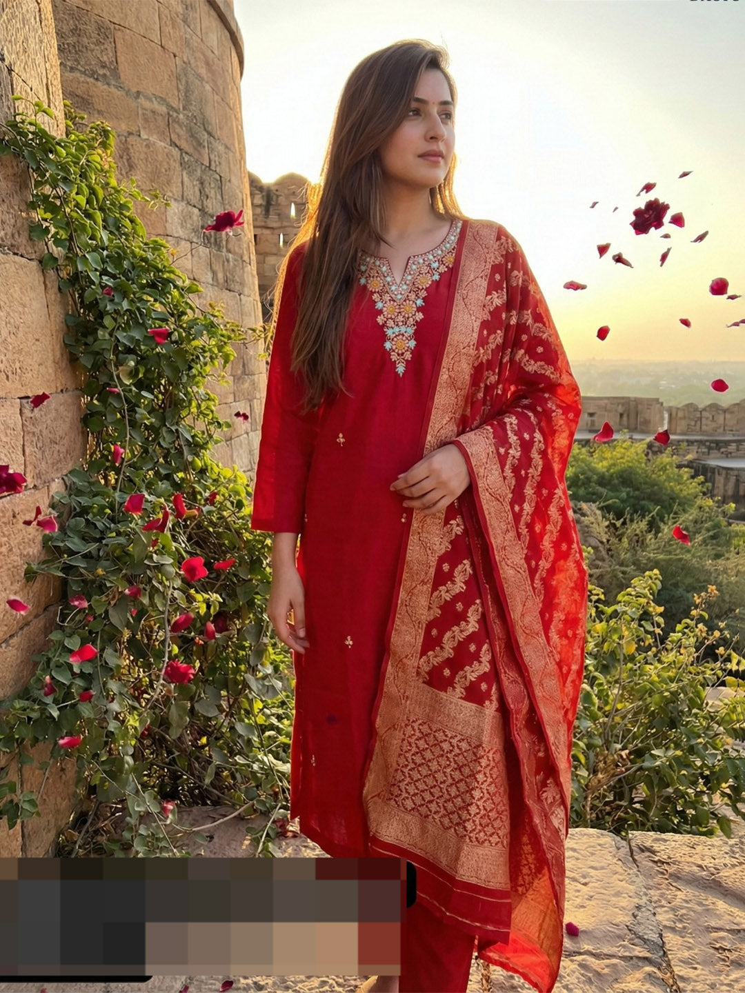 Embroidered Cotton Blend Kurta With Pant &amp; Dupatta