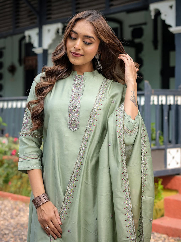 Embroidery Cotton Blend Kurta With Pants &amp; Dupatta