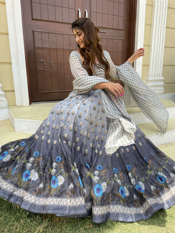 Floral Printed Anarkali Kurta With Churidar & Dupatta