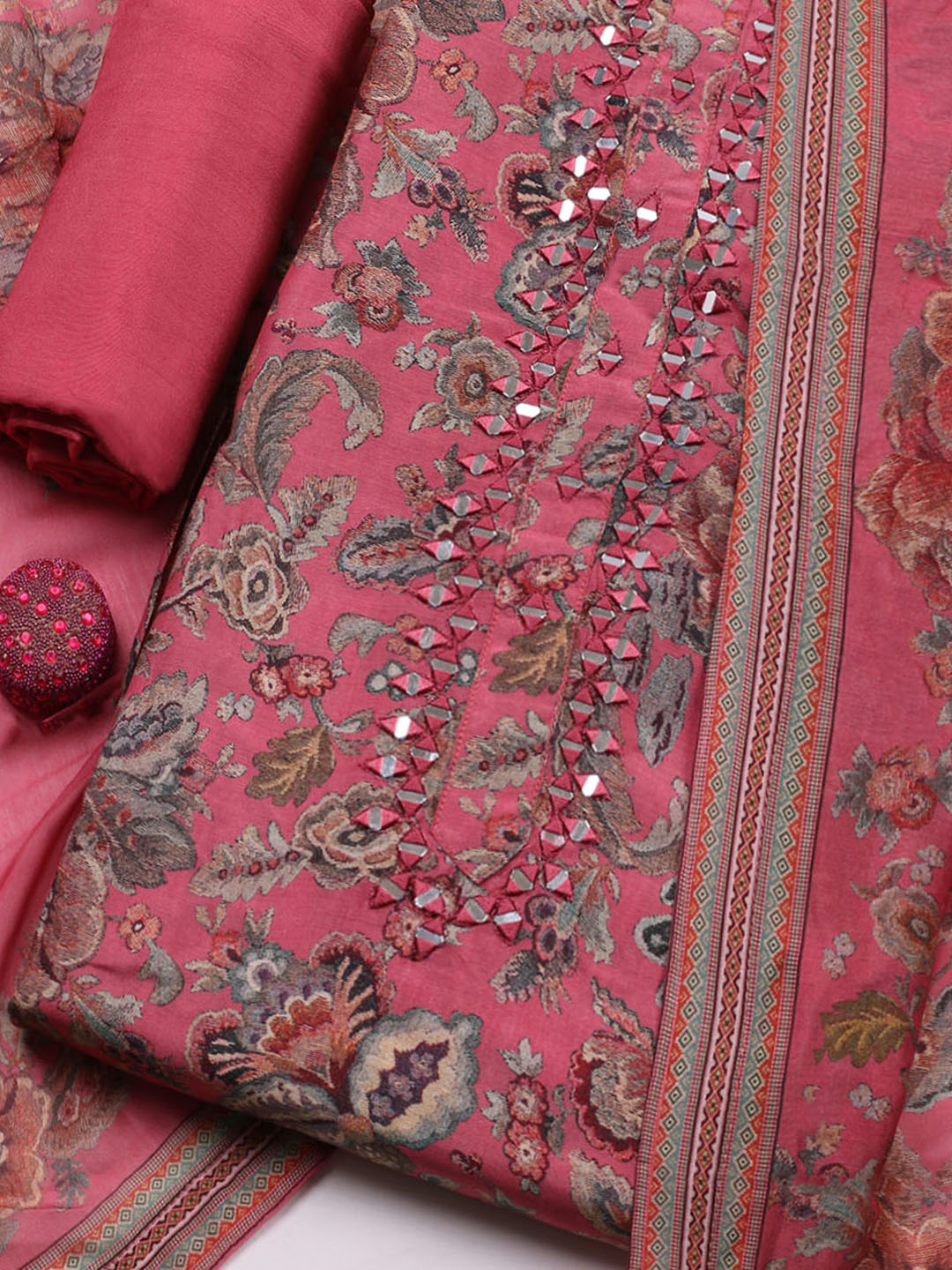 Embellished Muslin Unstitched Suit With Pant &amp; Dupatta