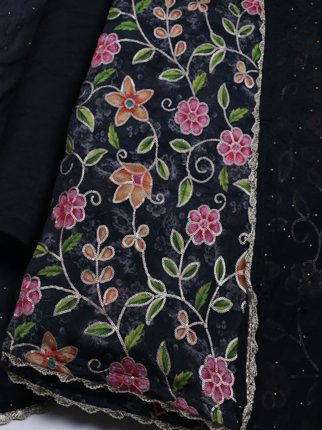 Neck Embroidered Chinnon Unstitched Suit With Dupatta