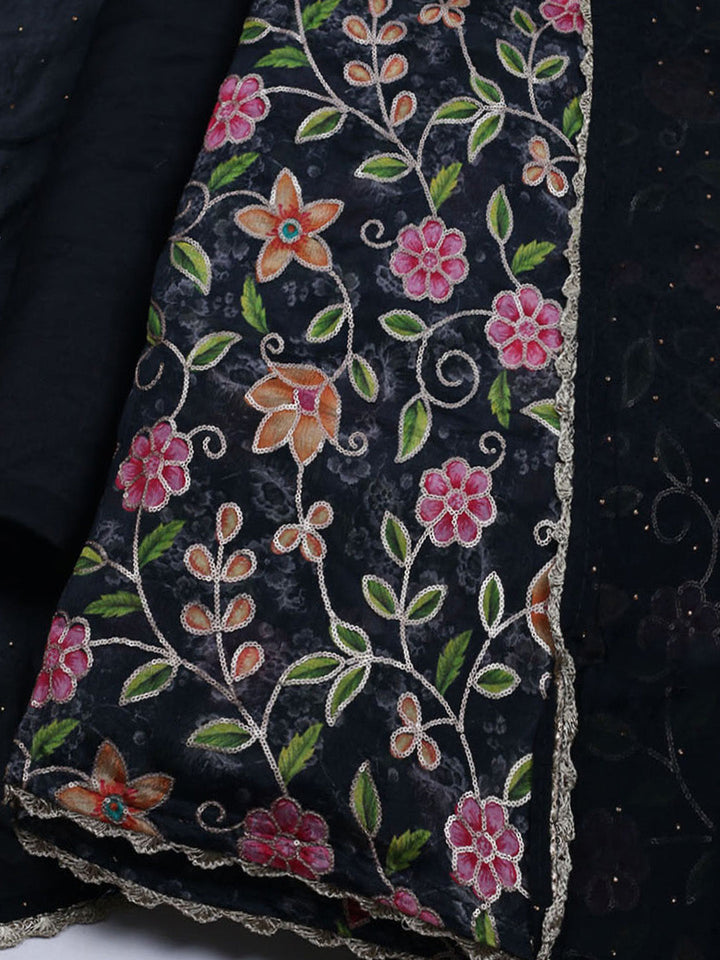 Neck Embroidered Chinnon Unstitched Suit With Dupatta
