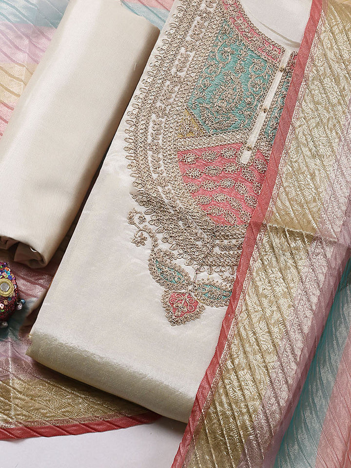 Embroidered Tissue Unstitched Suit With Pant &amp; Dupatta