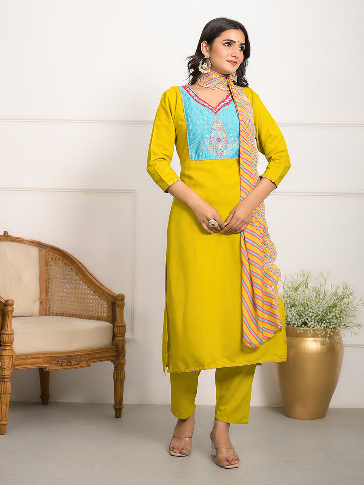 Neck Embroidered Muslin Kurta With Pants &amp; Dupatta
