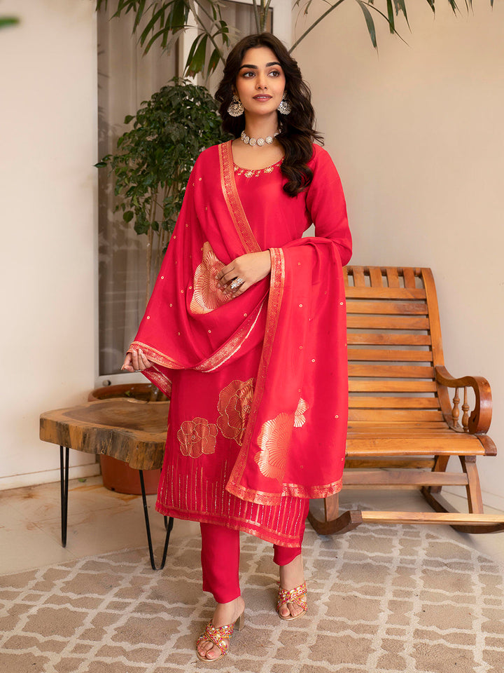 Woven Design Silk Kurta With Pant &amp; Dupatta
