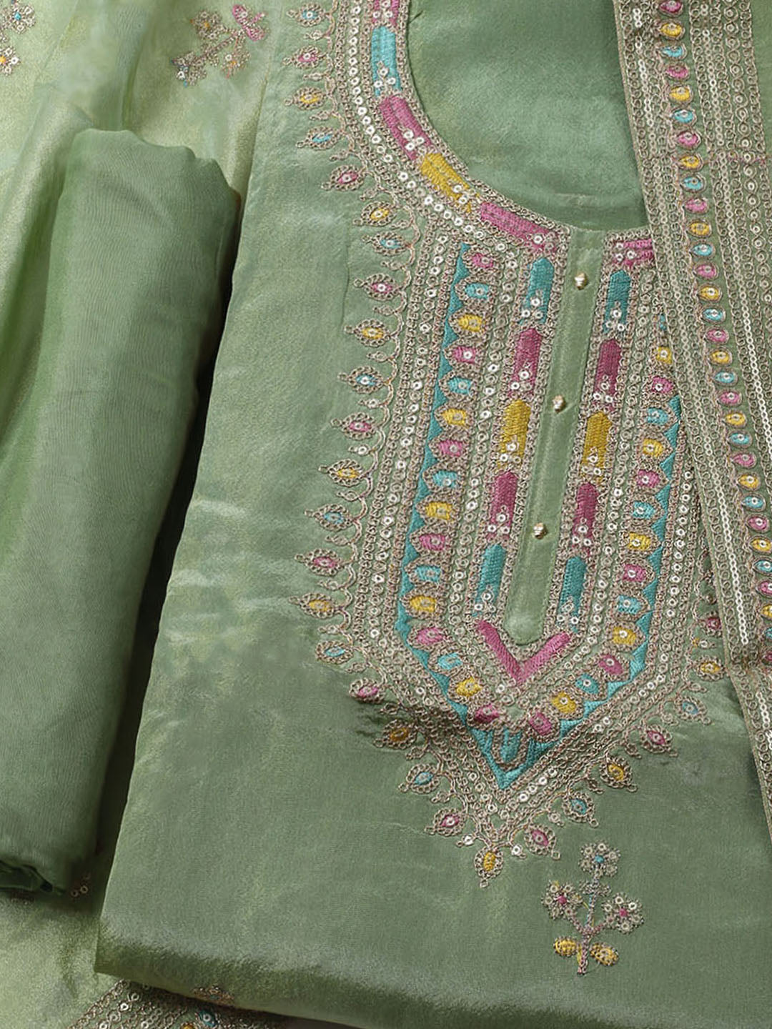 Embroidered Organza Unstitched Kurta With Pant &amp; Dupatta