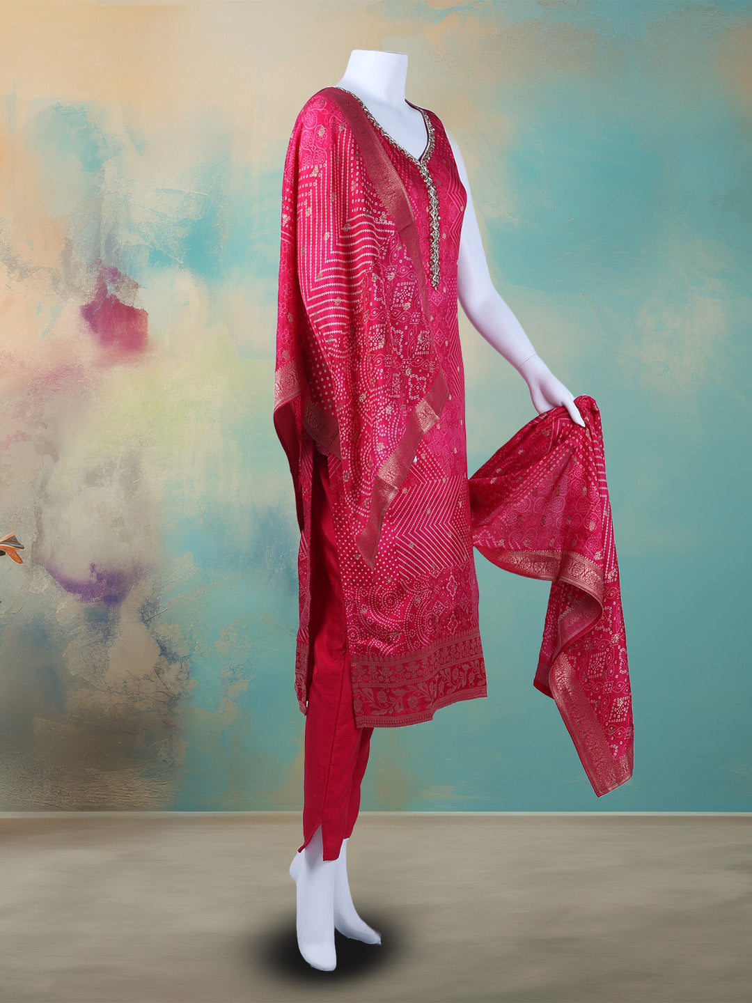 Bandhani Printed Art Silk Kurta With Pants & Dupatta