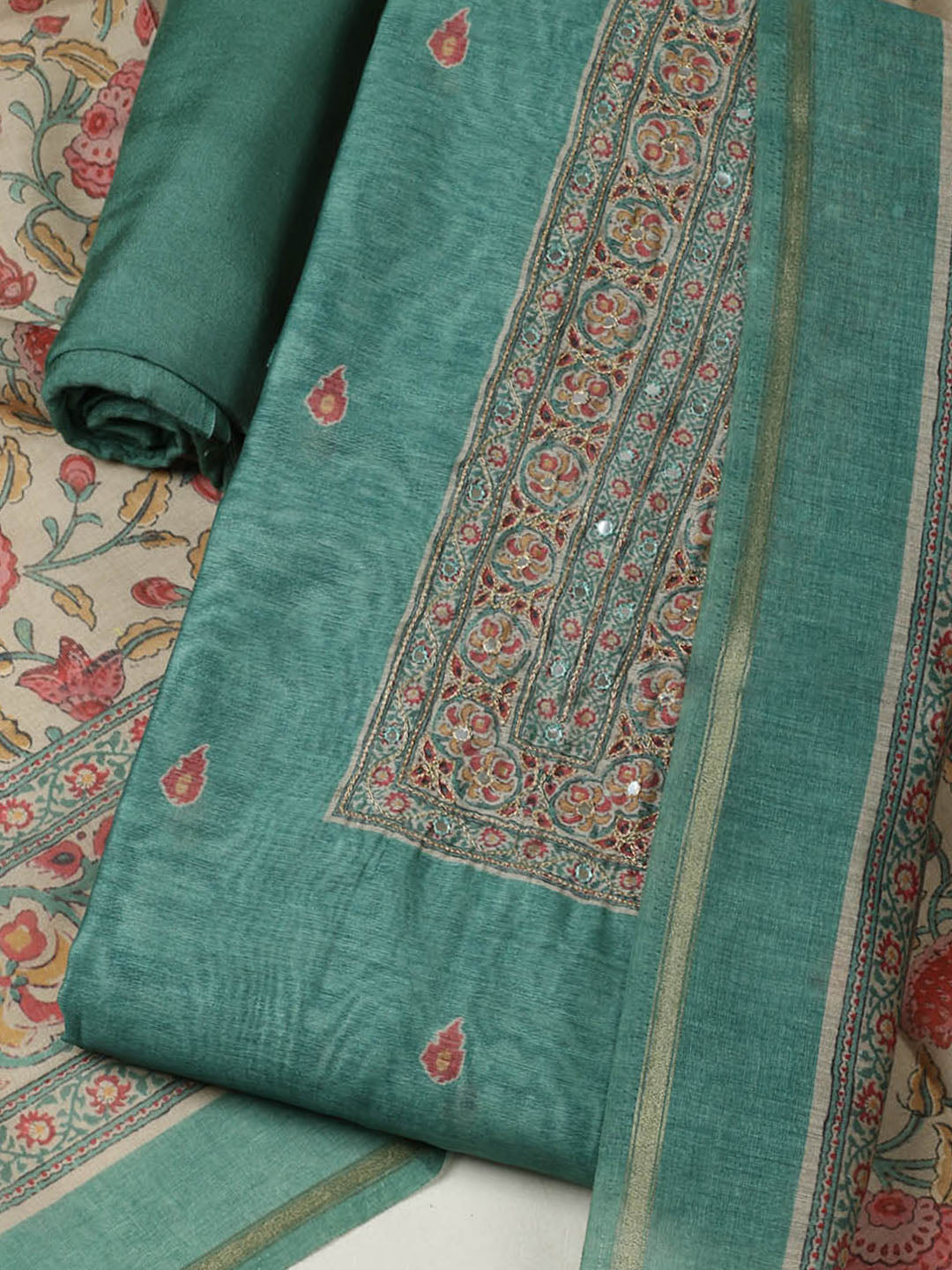 Printed Chanderi Unstitched Suit With Pant &amp; Dupatta