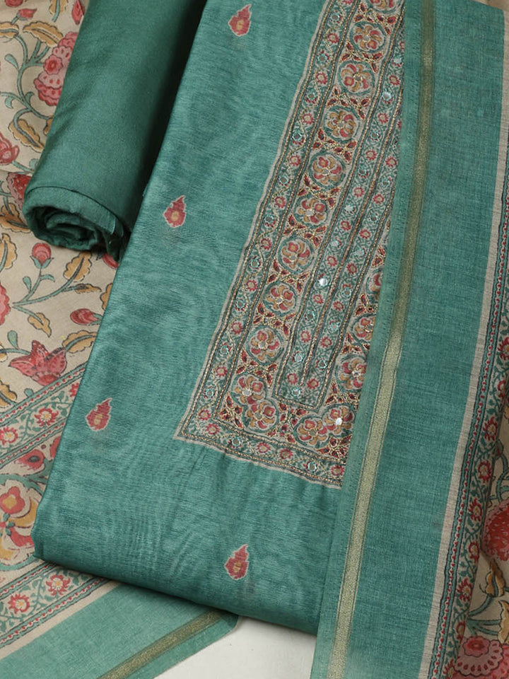 Printed Chanderi Unstitched Suit With Pant &amp; Dupatta