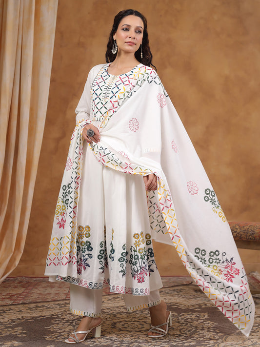 Printed Cotton Blend Kurta With Pants & Dupatta