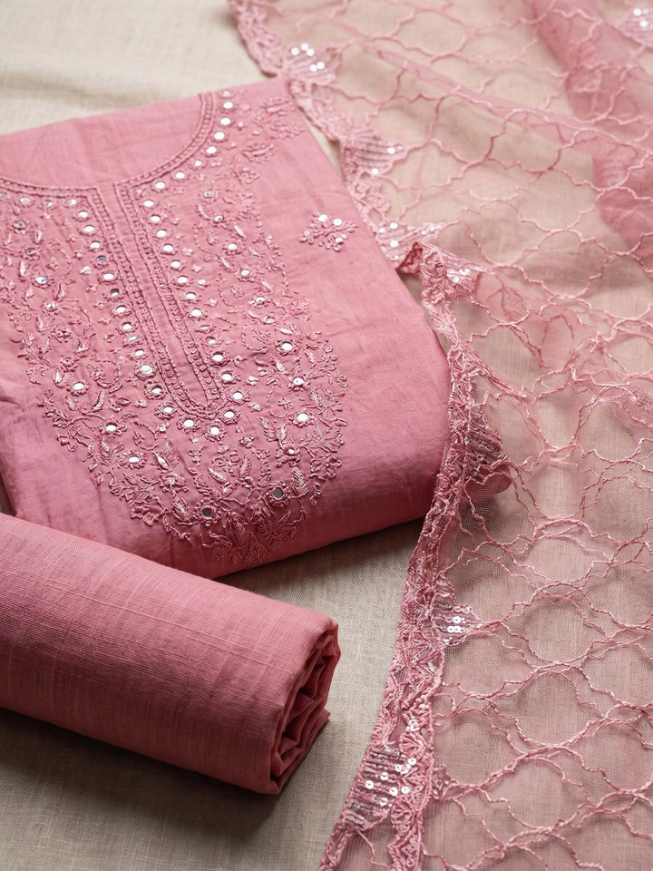 Neck Embroidered Chanderi Unstitched Suit With Dupatta