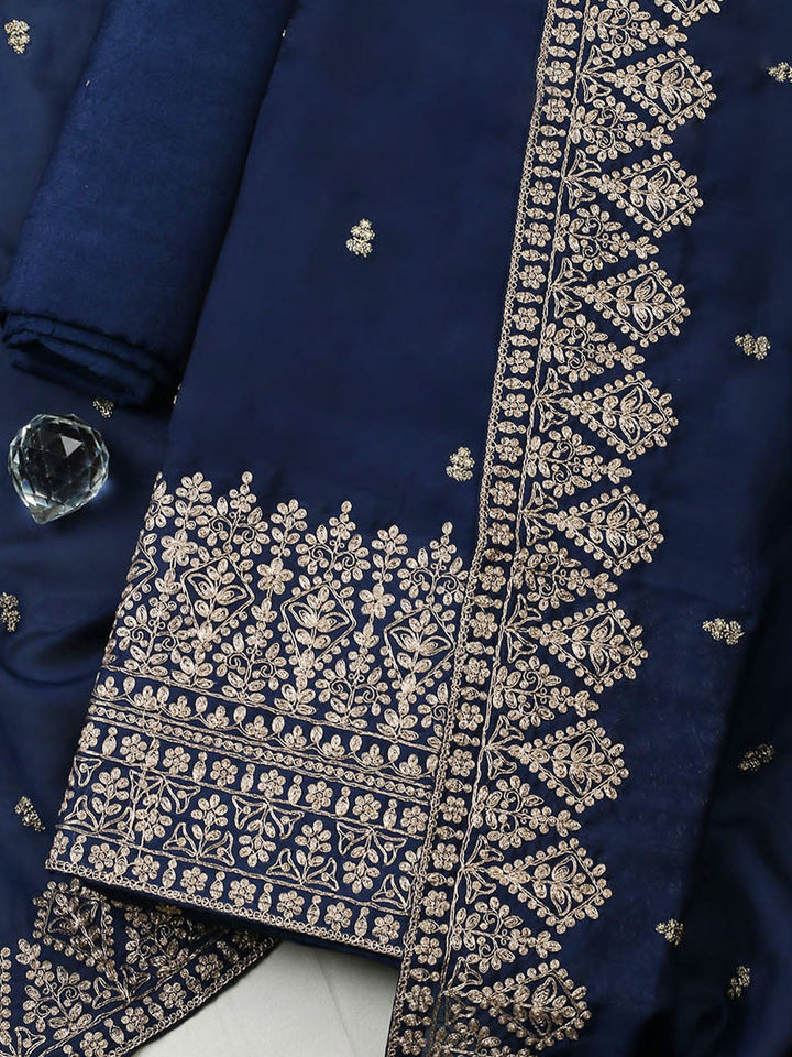 Embroidered Chanderi Unstitched Suit With Pant &amp; Dupatta
