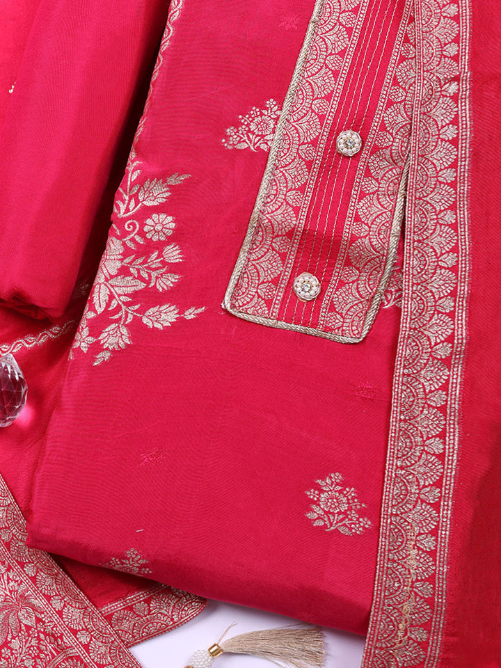 Embroidered Chanderi Unstitched Suit With Pant &amp; Dupatta