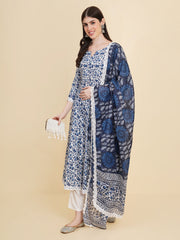 Floral Printed Cotton Kurta With Pants & Dupatta