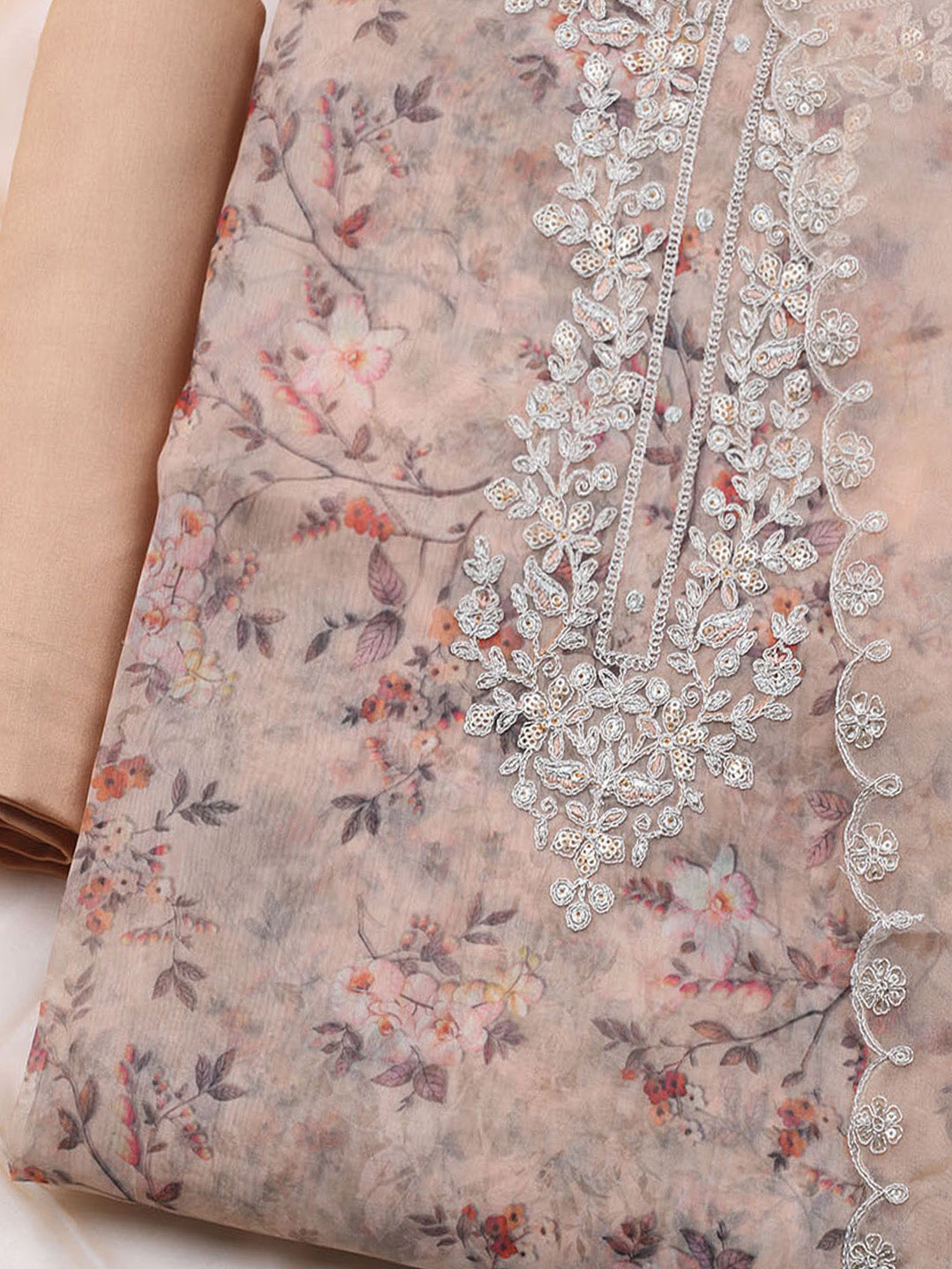 Neck Embroidered Organza Unstitched Suit With Dupatta
