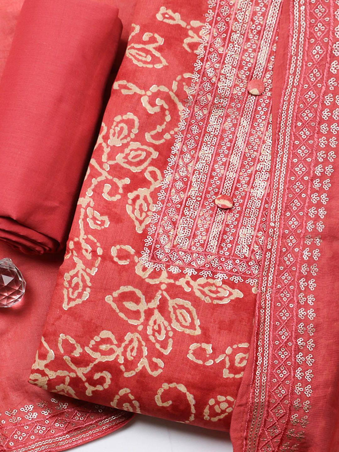 Embroidered Cotton Unstitched Suit With Pant &amp; Dupatta