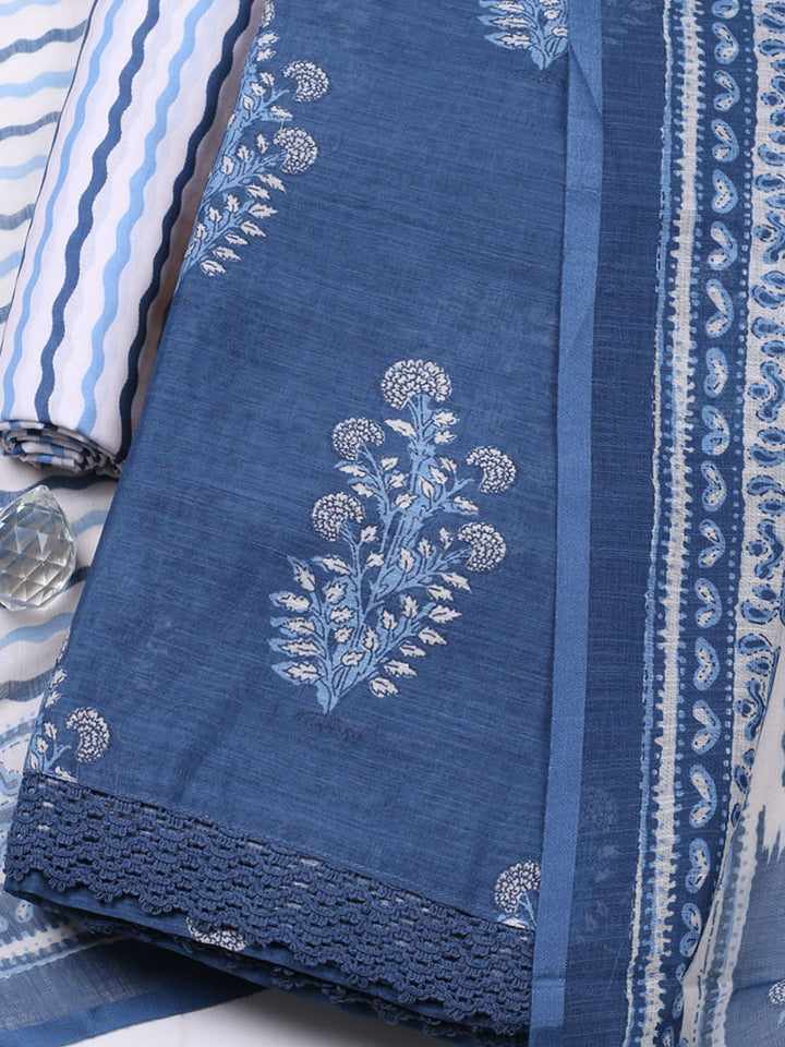 Printed Cotton Blend Unstitched Suit With Pant &amp; Dupatta