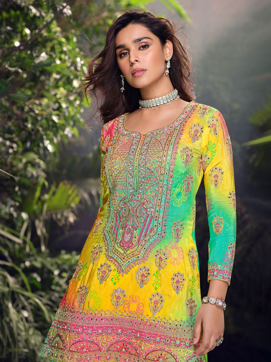 Embroidered Chinon Suit With Pant &amp; Dupatta