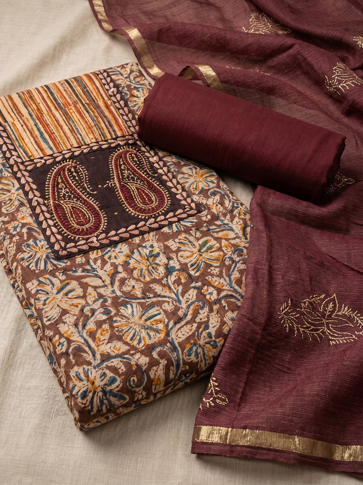 Printed Cotton Blend Unstitched Suit With Pant &amp; Dupatta