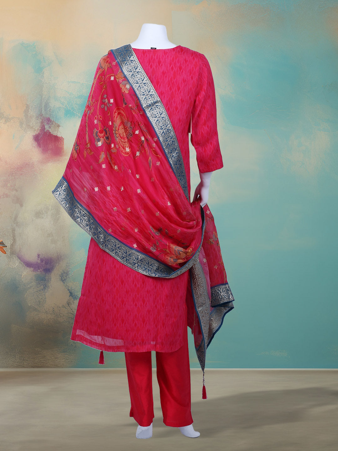 Bandhani Printed Organza Kurta With Pants & Dupatta