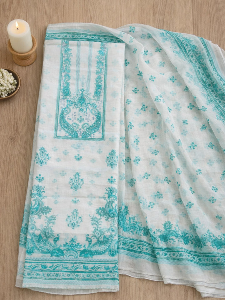 Embroidered Linen Blend Unstitched Suit With Pant &amp; Dupatta