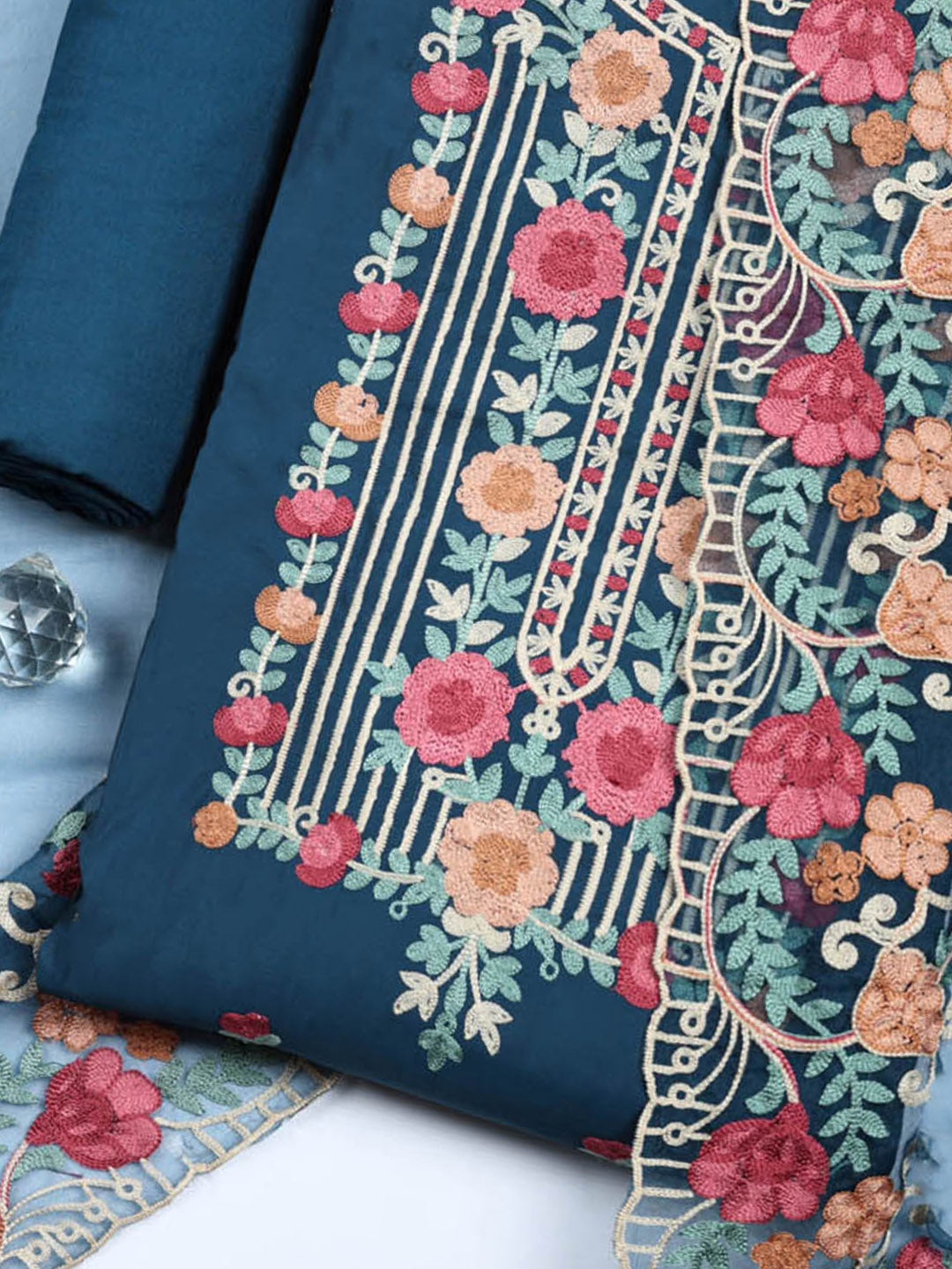 Embroidered Cotton Blend Unstitched Suit With Pant &amp; Dupatta