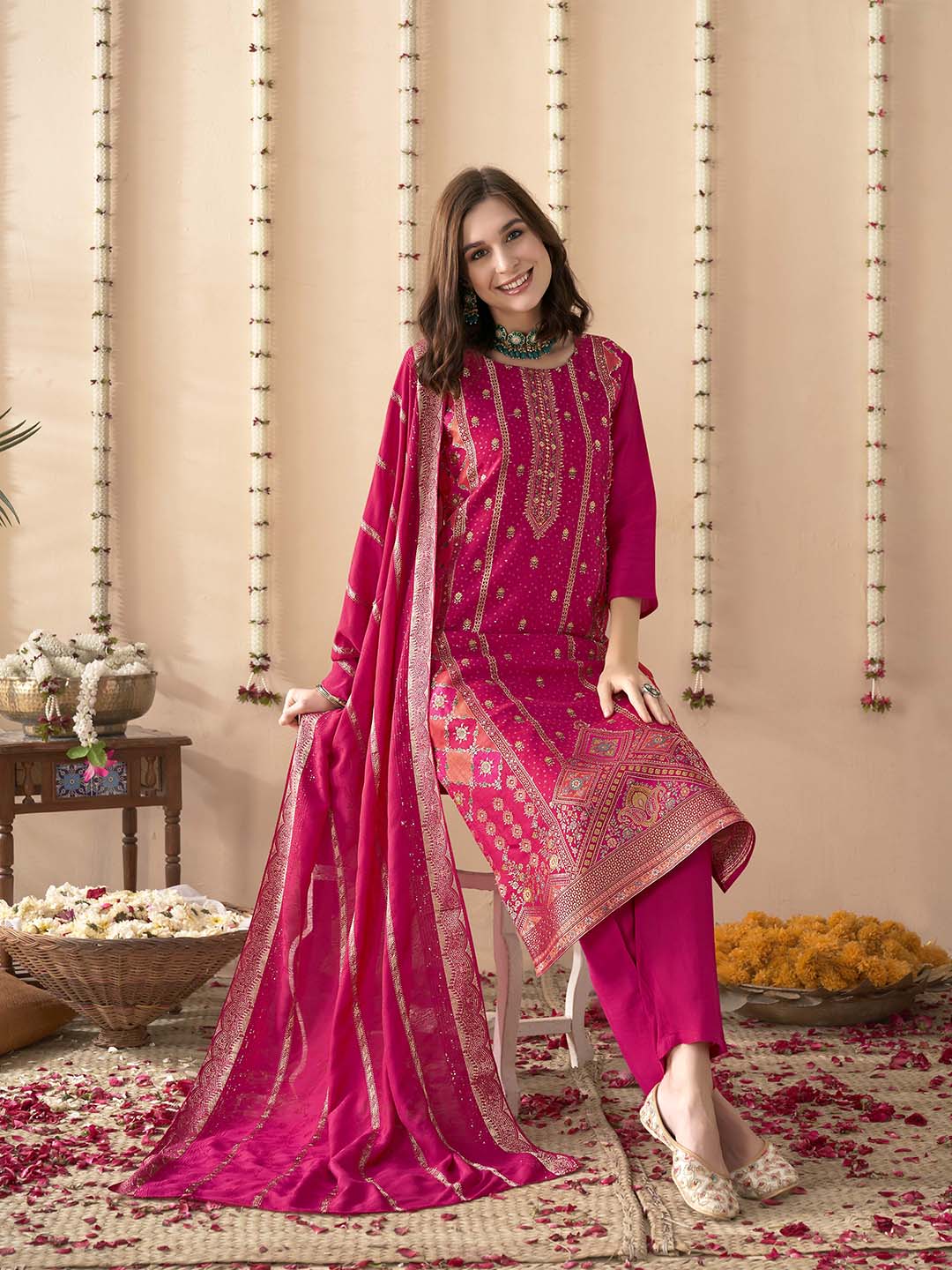 Embroidered Silk Kurta With Pant &amp; Dupatta