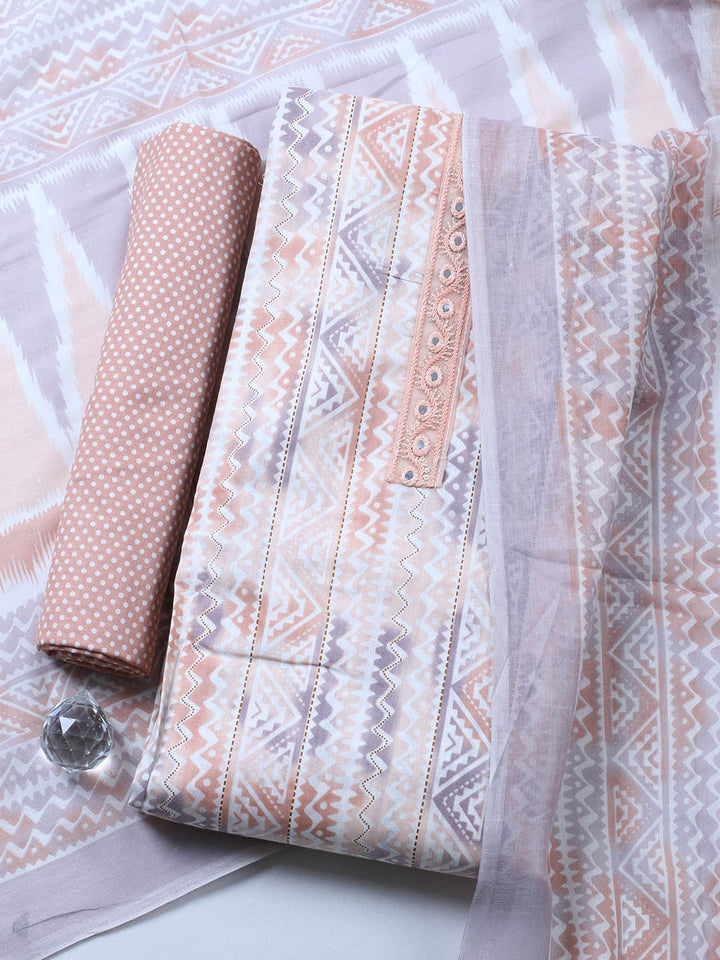 Printed Cotton Blend Unstitched Suit With Pant &amp; Dupatta