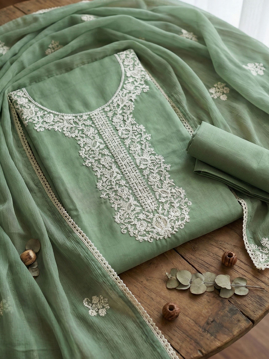 Embroidered Chanderi Unstitched Suit With Pant &amp; Dupatta