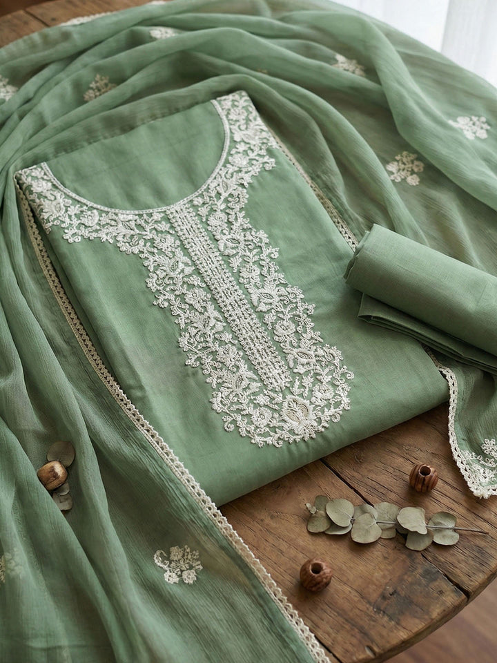 Embroidered Chanderi Unstitched Suit With Pant &amp; Dupatta