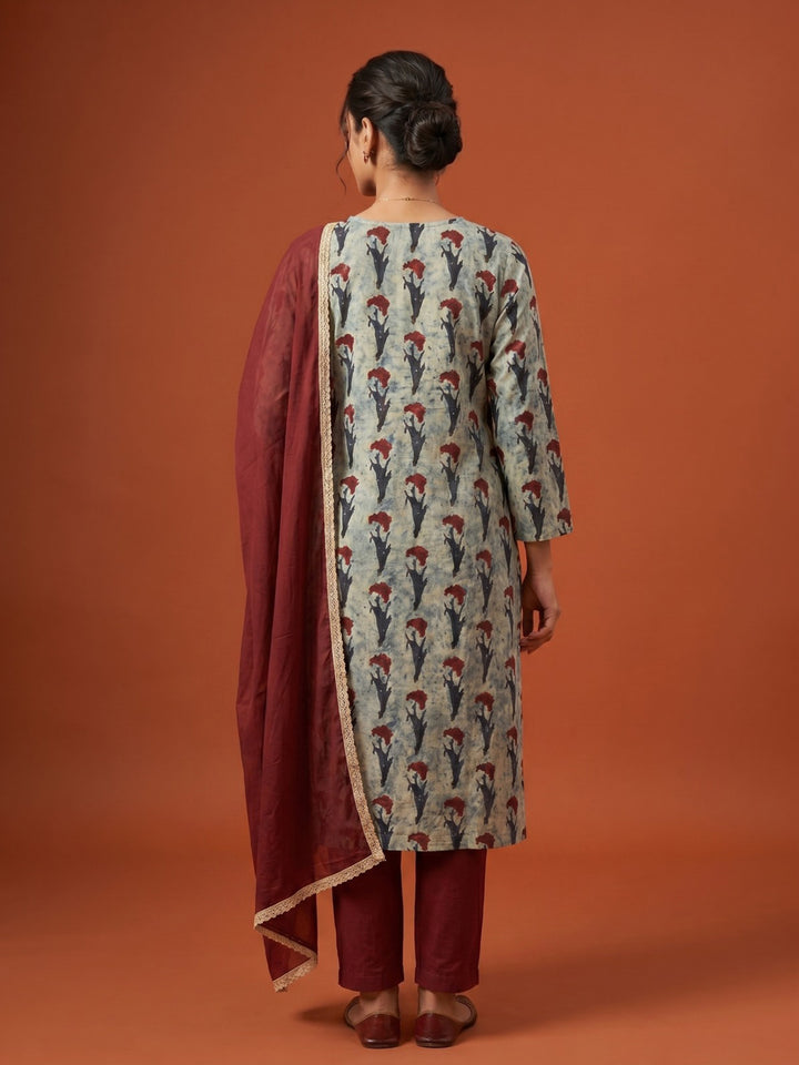 Maroon Embroidered Cotton Blend Straight Round Neck Suit Set
