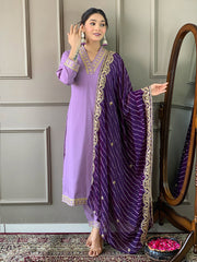 Resham Embroidered Cotton Blend Kurta With Pant & Dupatta