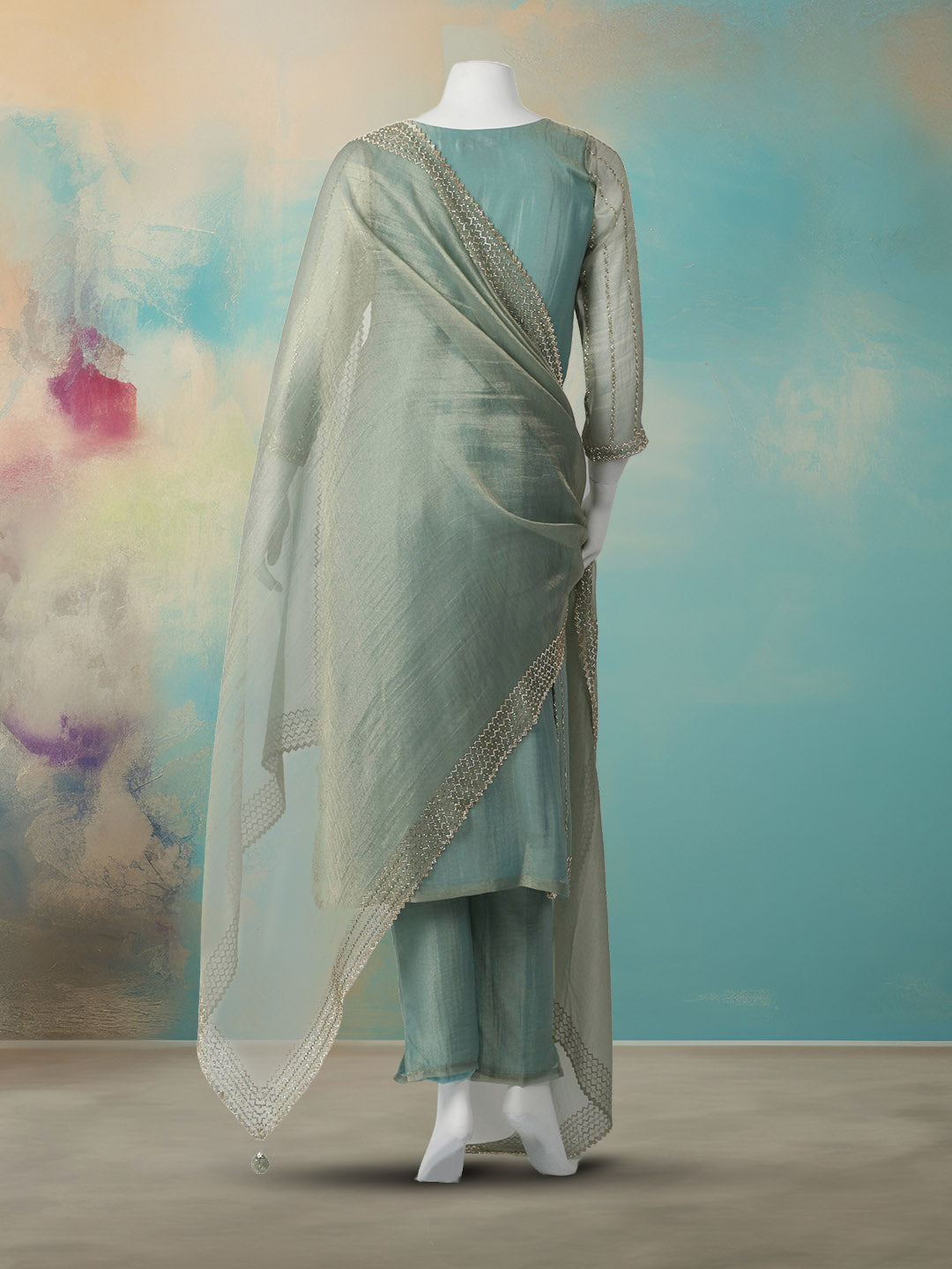 CutDana Embroidered Tissue Stitched Kurta With Pant &amp; Dupatta
