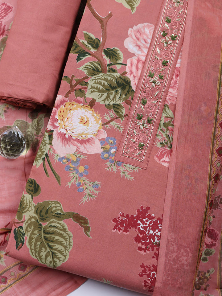 Embroidered Cotton Blend Unstitched Suit With Pant &amp; Dupatta