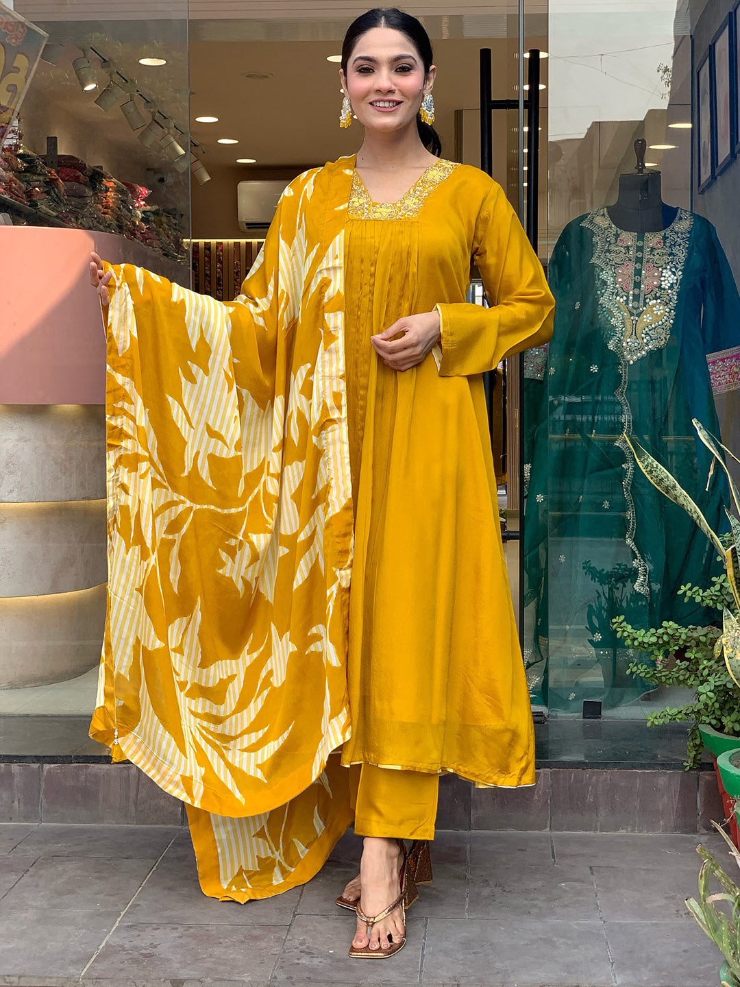 Printed Art Silk Kurta With Pants &amp; Dupatta
