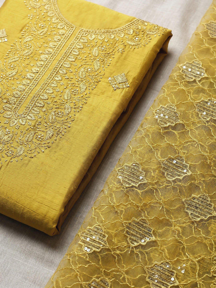 Neck Embroidered Chanderi Unstitched Suit With Dupatta