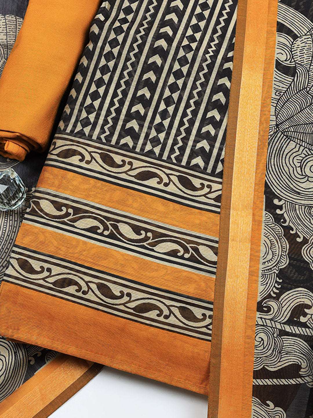 Printed Chanderi Unstitched Suit With Pant &amp; Dupatta