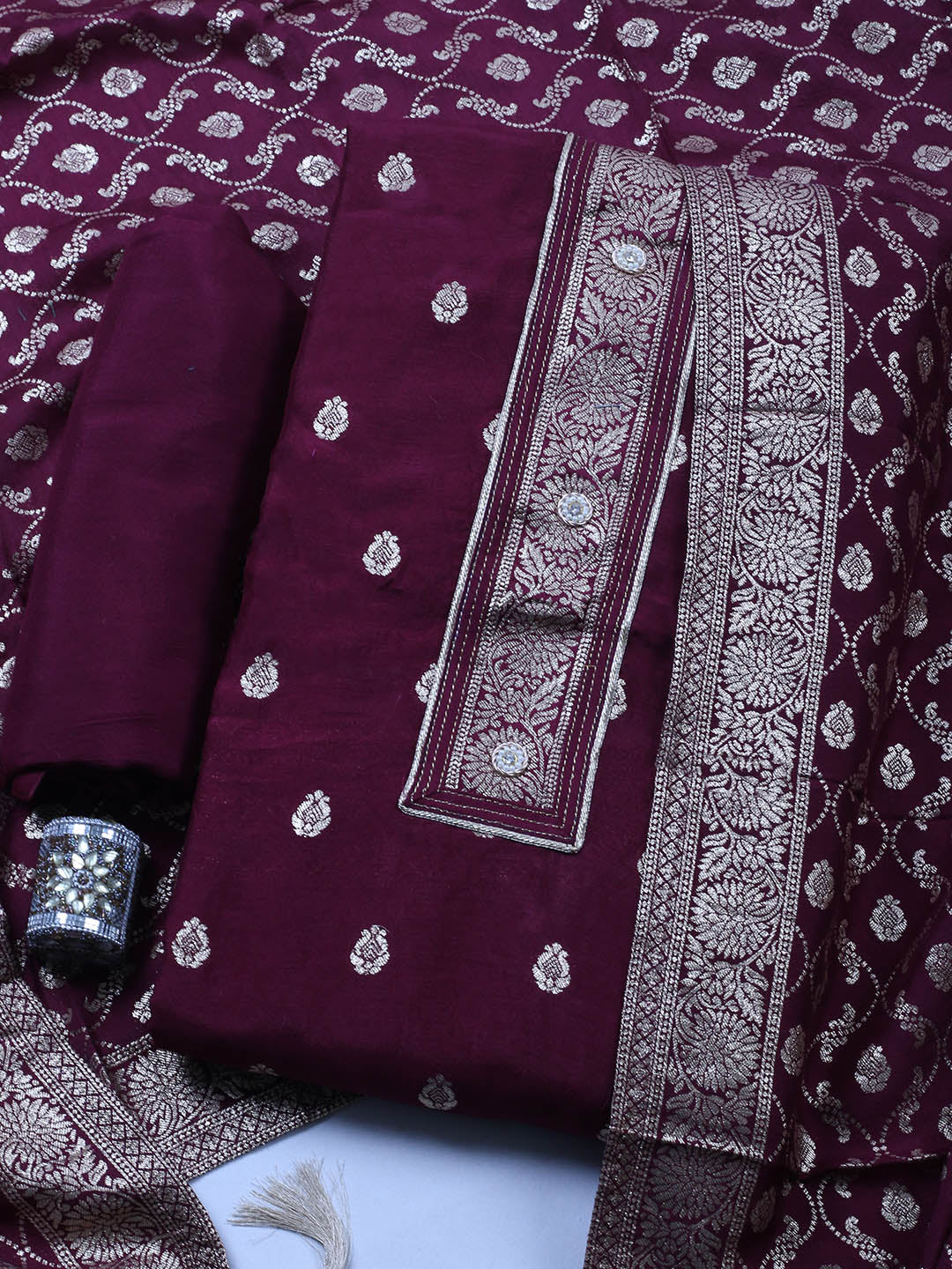 Embroidered Chanderi Unstitched Suit With Pant &amp; Dupatta