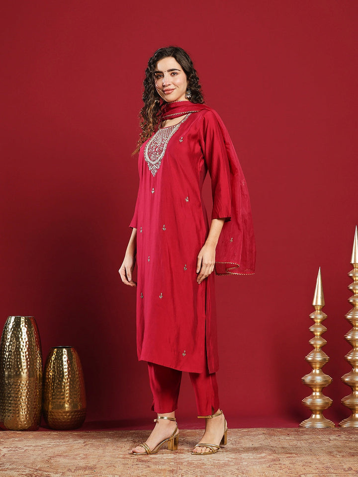 Embroidered Cotton Kurta With Pant &amp; Dupatta