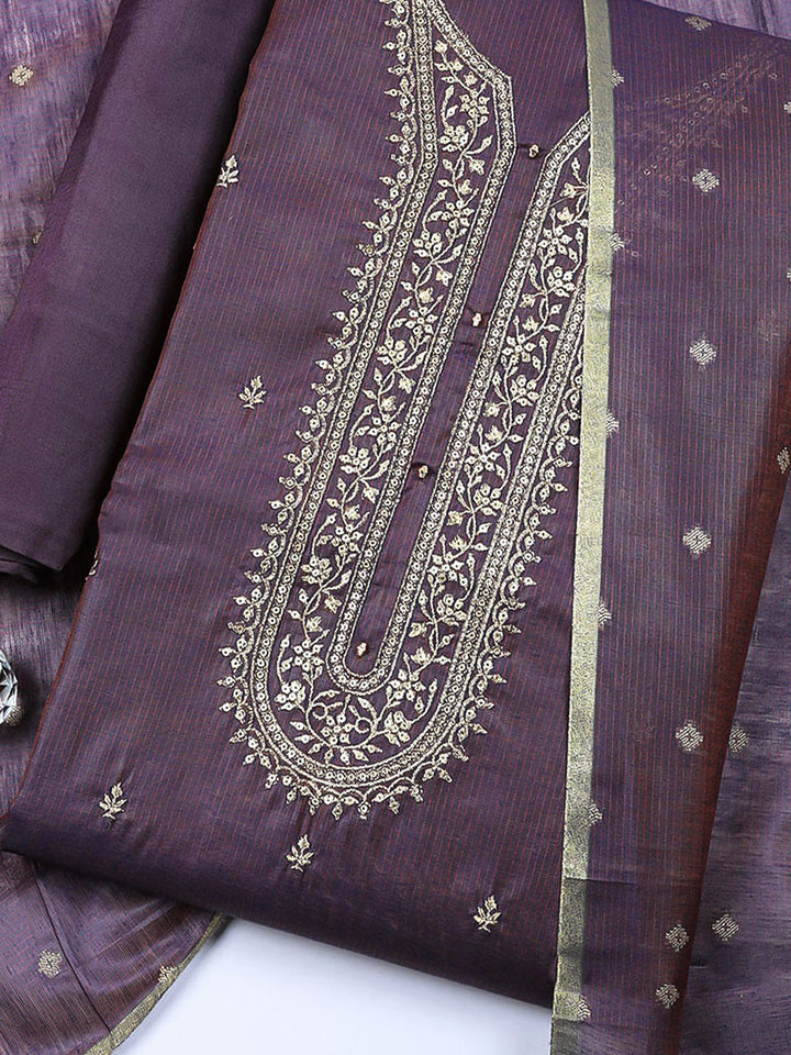Embroidered Chanderi Unstitched Suit With Pant &amp; Dupatta