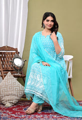 Embroidered Cotton Blend Kurta With Pant & Dupatta