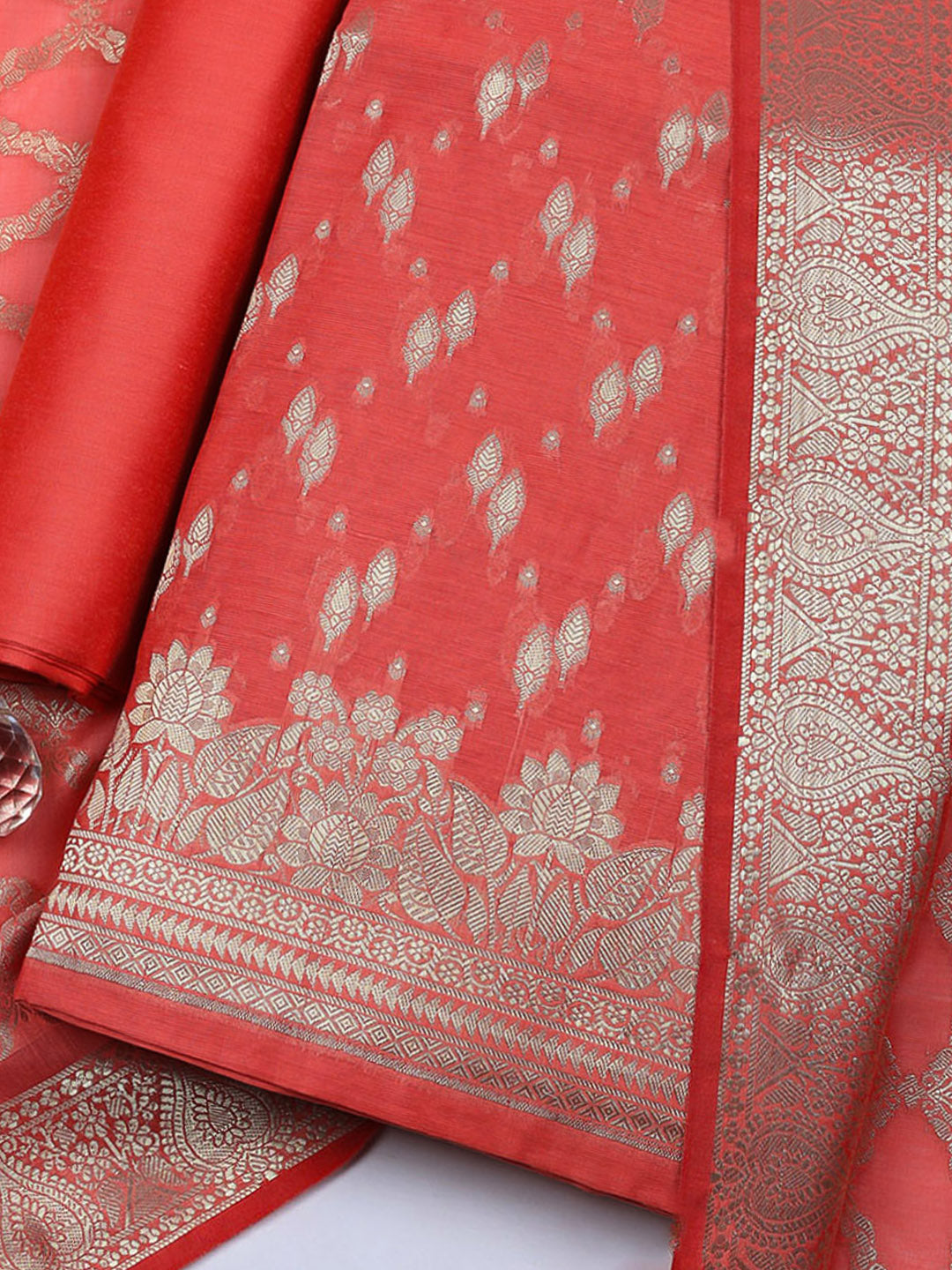 Woven Design Art Silk Unstitched Suit With Pant &amp; Dupatta