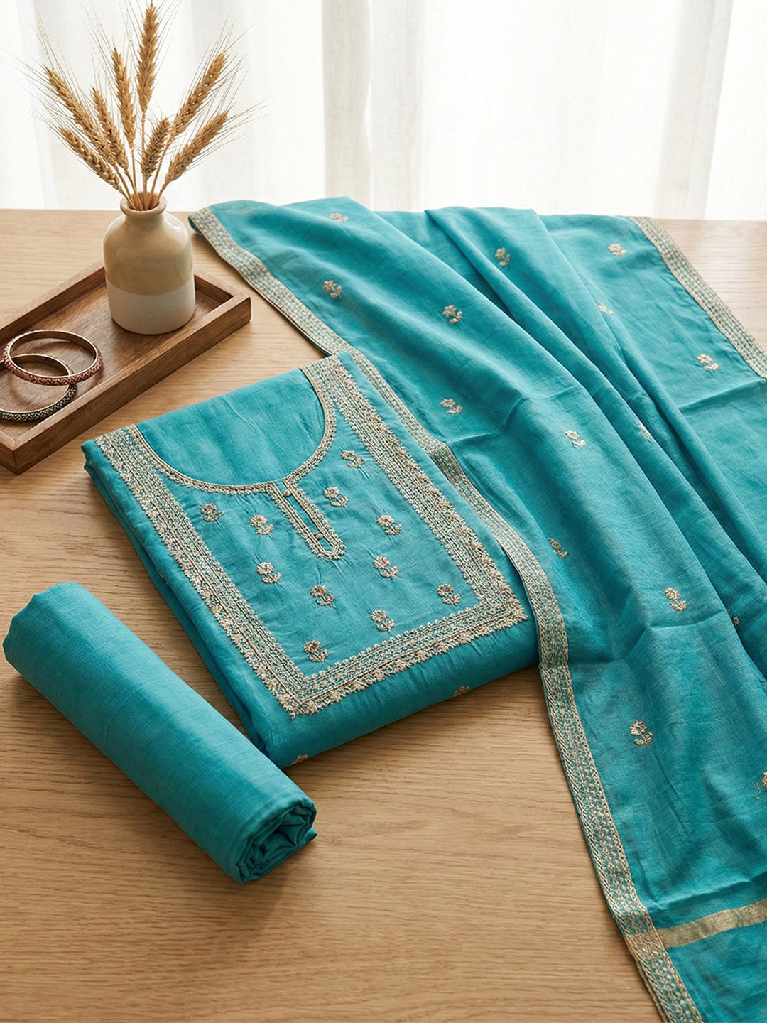 Embroidered Cotton Blend Unstitched Suit With Pant &amp; Dupatta