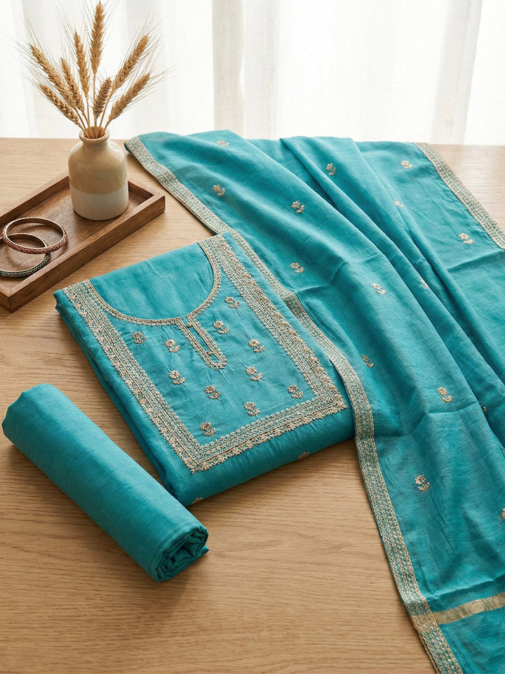Embroidered Cotton Blend Unstitched Suit With Pant &amp; Dupatta