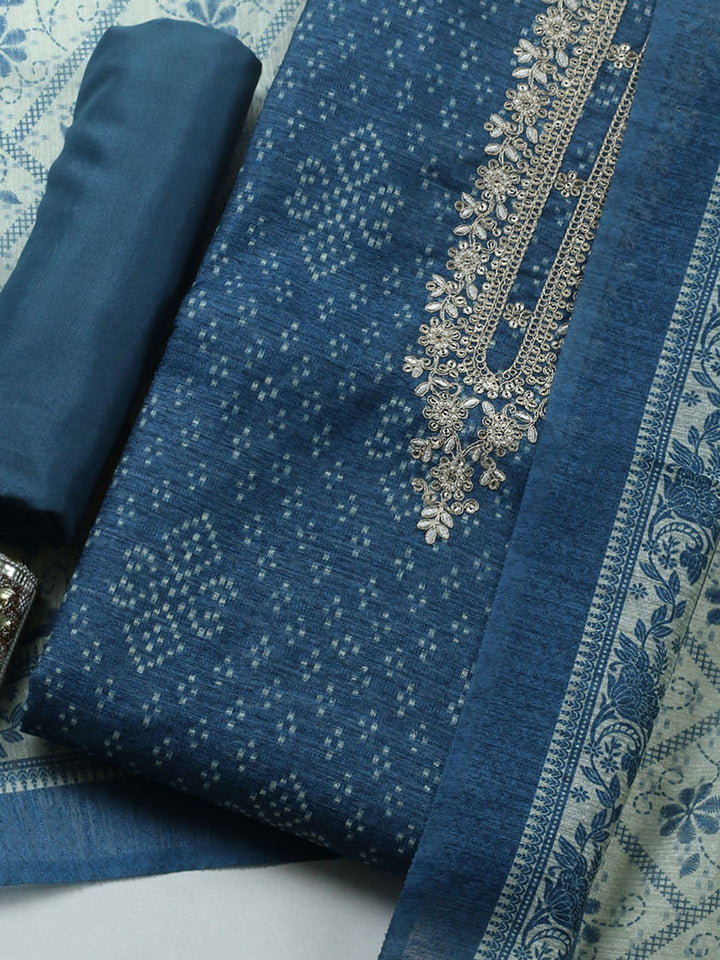 Embroidered Chanderi Unstitched Suit With Pant &amp; Dupatta