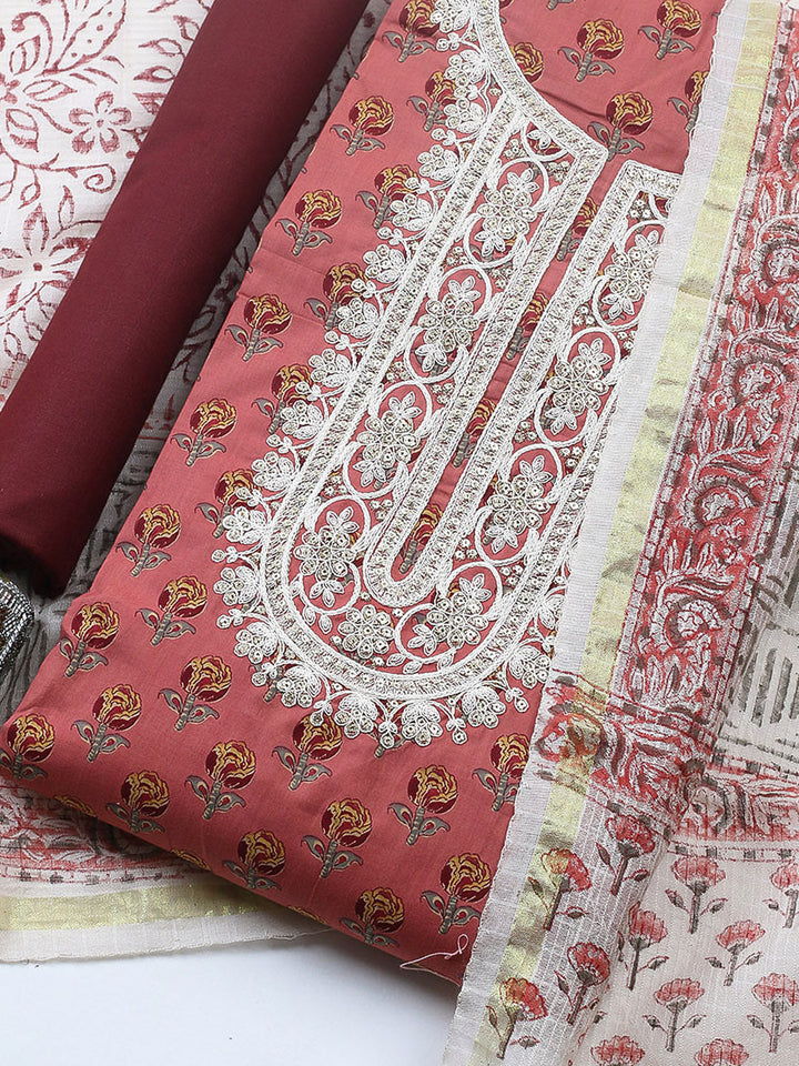 Printed Cotton Blend Unstitched Suit With Pant &amp; Dupatta