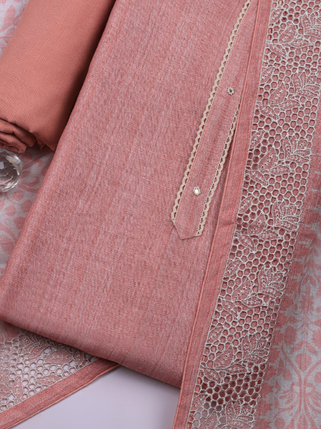 Embroidered Linen Blend Unstitched Suit With Pant &amp; Dupatta